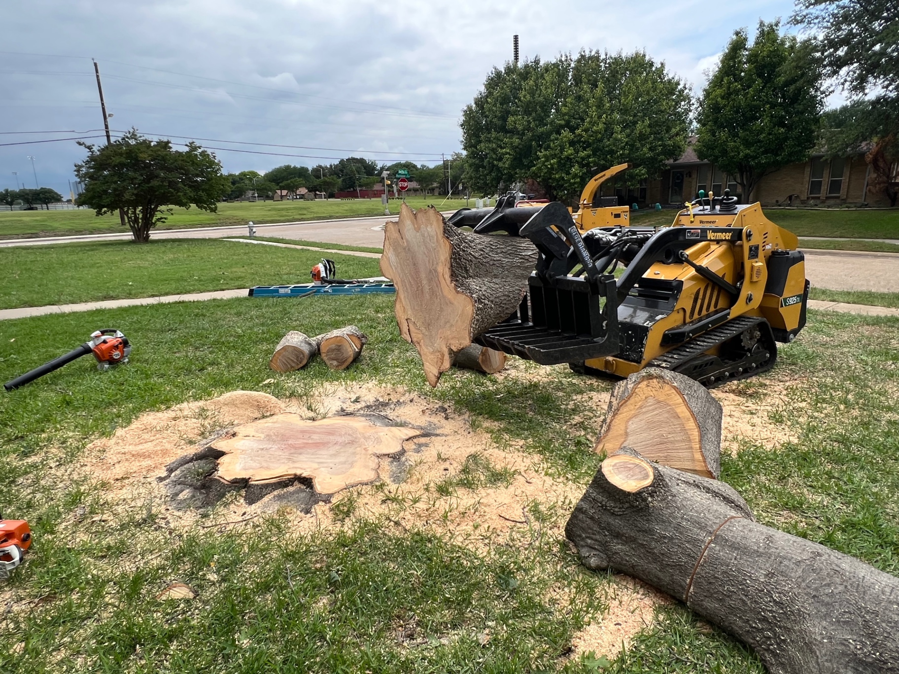 Vermeer loader hauling a large log section after removal