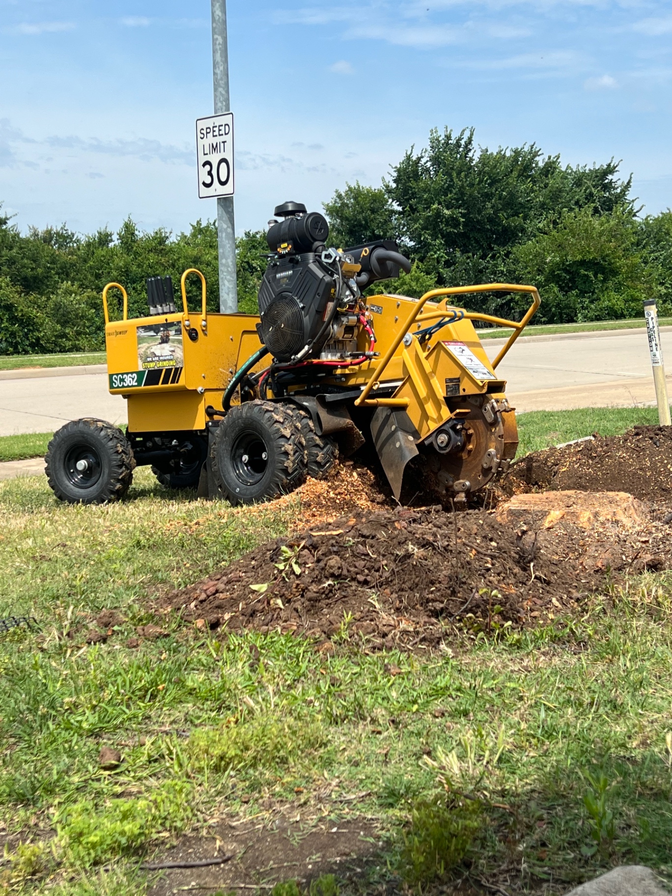 Commercial stump grinder removing a tree stump